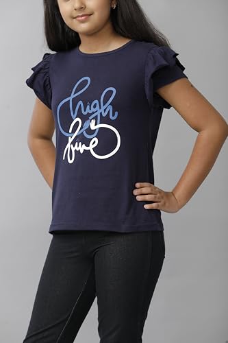 Image of Under Fourteen Only Girls Cotton Round Neck Full Sleeve Crop Top T-Shirt | Soft Jersey Fabric with Big Graphic Print | Stylish & Comfortable Casual Wear | Neavy (10-11 Years)