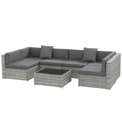 Outsunny Ensemble Salon de Jardin 7 pièces modulables, Coussins déhoussables Inclus, Table Basse avec Plateau Verre trempé, en résine tressée, Gris