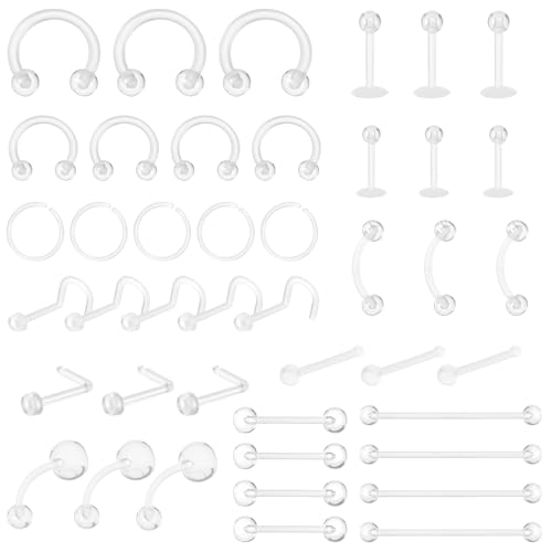 Tucnoeu - Juego de piercing (48 piezas), plástico transparente, ideal para nariz, labio, septum, ceja, lengua, piercing industrial para kit de joyería de cirugía oral