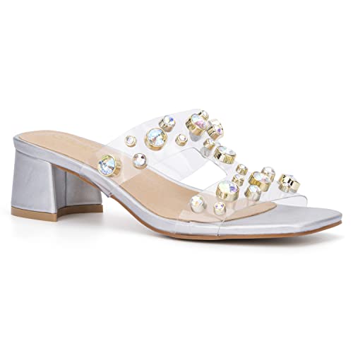 Olivia Miller Womenâ€™s Fashion Ladies Shoes, Morgan Clear Transparent PVC Rhinestones & PU Vegan Leather Trendy Double Toe Strap, Bridal Silver Grey Slide On 2 Inch Low Mid Block Heel Sandals