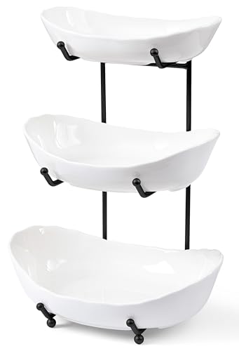 HBlife Fruit Bowl for Kitchen Counter - 3 Tier Ceramic Fruit Rack Fruit Basket for Fresh Fruit&Veggies Tiered Fruit Platter Serving Trays for Party