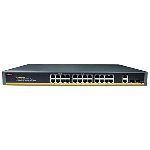 6COM 28-Port PoE Gigabit Ethernet Smart Switch with 24 x PoE 400W, 2 x Uplink Gigabit Base-T Ports, 2 x 1G SFP Slots, Rackmount or Desktop, PoE Recovery, Plug and Play, Fan Design,VLAN, Unmanaged Cover