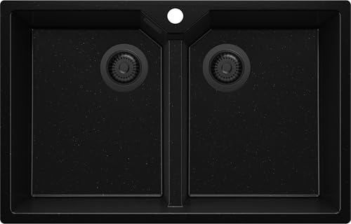 PRIMAGRAN Evier Cuisine en Granit Tout Noir 78x50cm, Lavabo 2 bacs + Kit de Vidage, Évier à Encastrer au Meuble 80cm - Madrid Twin S006