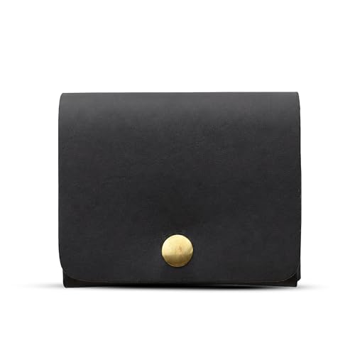 Image of STRUTT Crushed Finish Genuine Leather Batua Wallet for Men & Women | Handcrafted Black Leather Cash & Card Holder | Snap Button Closure | Compact Ethnic Money Pouch