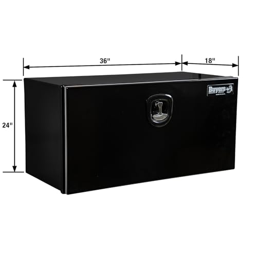 Image of Buyers Products 1706980 Pro Series Underbody Truck Box, 18x24x36 Inch, Gloss Black, 0.125 Inch Smooth Aluminum, 3-Point Locking Drop Door, Bolt-On Hinge, Weather Resistant, No Center Post, Made in USA