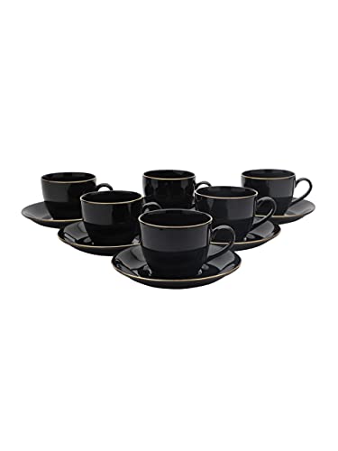 Image of Clay Craft Fine Ceramic Cup and Saucer Set of 12 (6 Cups + 6 Saucers) Solid Black Color with Gold Line Gift to Your Loved Ones on Any Occassions., Medium (CC-CS12-CREAM-BLACK+GL)