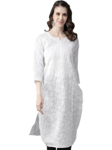 Image of Ada Women's Cotton Straight Fit Straight Hand Embroidered Lucknowi Chikankari Kurta Kurti A411165