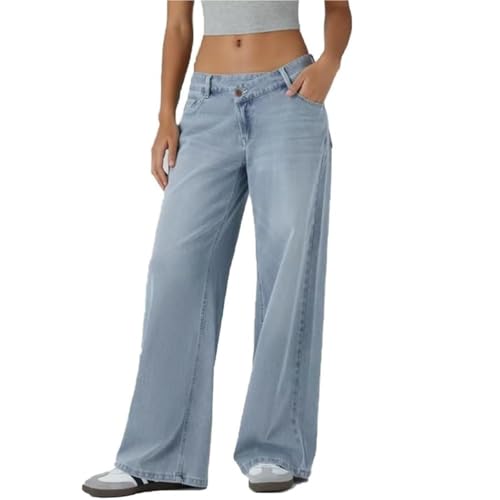 Asymmetrical Low-Rise Loose Jeans for Women, Wide Leg Baggy Straight Boyfriend Denim Pants Washed Casual Streetwear