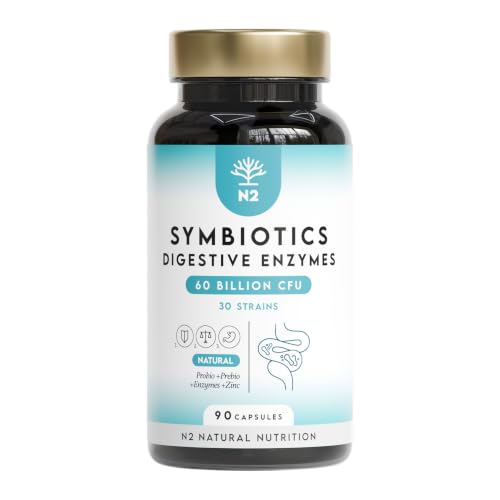Probioticos y Prebioticos Intestinales con 30 Cepas Bacterianas, Enzymas Digestivas y Zinc. Mejora las Digestiones y el Tránsito Intestinal. Equilibra la Microbiota. 90 Capsulas. N2 Natural Nutrition