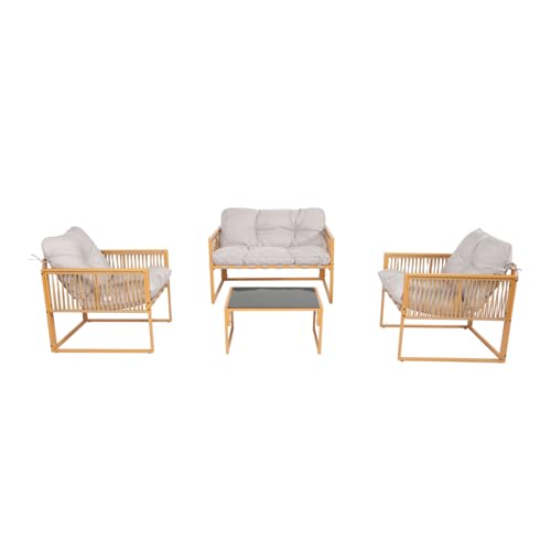 CONCEPT USINE | Salon de Jardin TURINI 4 Places Effet Rotin Naturel | 2 Fauteuils + Canapé 2 Places + Table Verre Trempé | Coussins Gris Clair Déperlants 12 cm |...