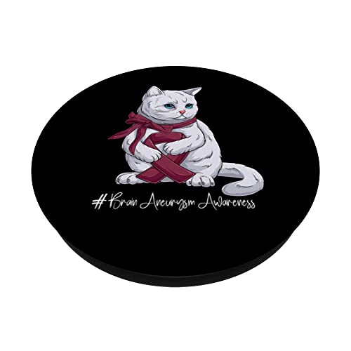 Brain Aneurysm Awareness Month Burgundy Ribbon Cat PopSockets Swappable PopGrip, Black - Image 2