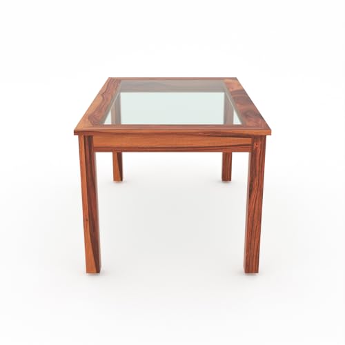 Image of Solid Sheesham Wood Dining Glass Top Table Set of 6| Wooden 6 Seater Dining Table with 6 Chairs with Cushion|Wood Dining Table & Chairs for Home, Restaurant, Dining Room |Honey Finish