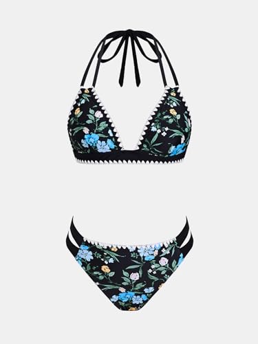 Image of CUPSHE Women's Two Piece V Neck Halter Bikini Sets Stitching Swimsuit | Back Hook,Side Cutout,Cheeky Bottom,Soft Removable Cups,Double Straps,Flattering Bathing Suit For Vacation And Beach