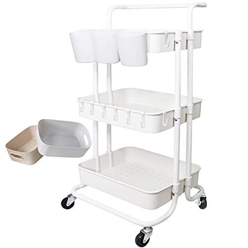 Image of Freletry 3 Tier Utility Rolling Cart Storage Organizer Shelf Rack with 3PCS Hanging Cups 8PCS Hook 2PCS Storage Box for Home Office Kitchen Bathroom Storage (White 3 Cup+8 Hook+2 Storage Box)