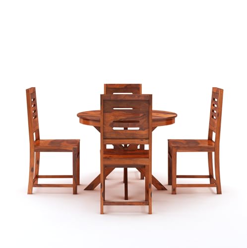 Image of WOODSTAGE Solid Sheesham Wood 4 Seater Round Dining Table Set with 4 Chairs | Elegant Wooden Furniture for Home, Kitchen, Hotel, Dining Room, Living Room and Hall (Natural Honey)