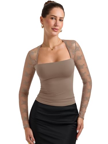 PINKMSTYLE Women Sexy Mesh Sheer Long Sleeve Tops Fitted Double Lined Square Neck Going Out Lace Shirts Latte Medium - image 2