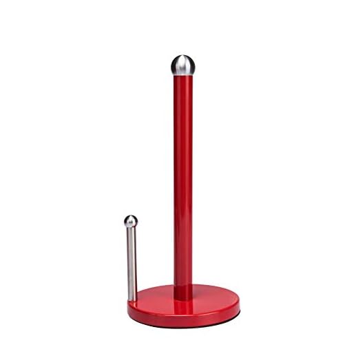 Kitchen Details Countertop Single Tear Paper Towel Holder, Free Standing, Weighted Bottom, Holds Large Rolls, Dispenser Bar Prevents Unraveling, Red