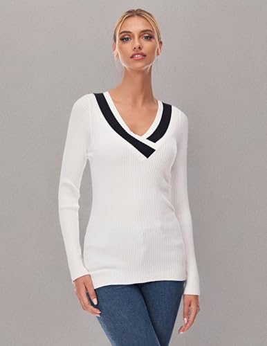 Image of AmelieBoutik Women Casual Color Trim V Neck Long Sleeve Ribbed Sweater Tops