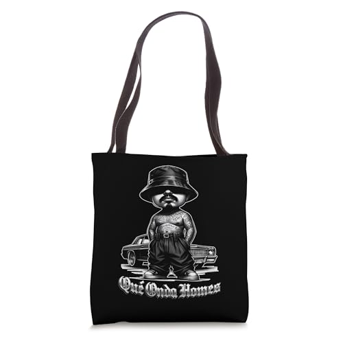 Bolsa tote divertida con diseño old school chicano 'Que Onda Homie', slang mexicano y arte de low rider miniatura 1