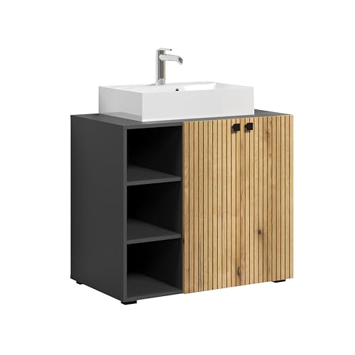 Preisvergleich Produktbild trendteam smart living - PureBliss - Waschbeckenunterschrank - Anthrazit / Evoke Eiche - Rillenoptik - 3 offene Fächer + 1 Einlegeboden + 60cm Aufsatzwaschbecken - (BxHxT) 90 x 91 x 53cm - Metallgriffe