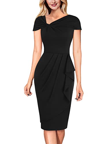 VFSHOW Womens Twist V Neck Vintage Cocktail Party Pleated Waist Ruffle Bodycon Pencil Sheath Dress