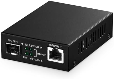 10G Fiber Media Coverter, 2 Port 10 Gigabit Binardat Ethernet Switch, 1 x 10G RJ45 Port, 1 x 10G SFP Port, Mini Metal Case Fanless, Unmanaged Plug and Play