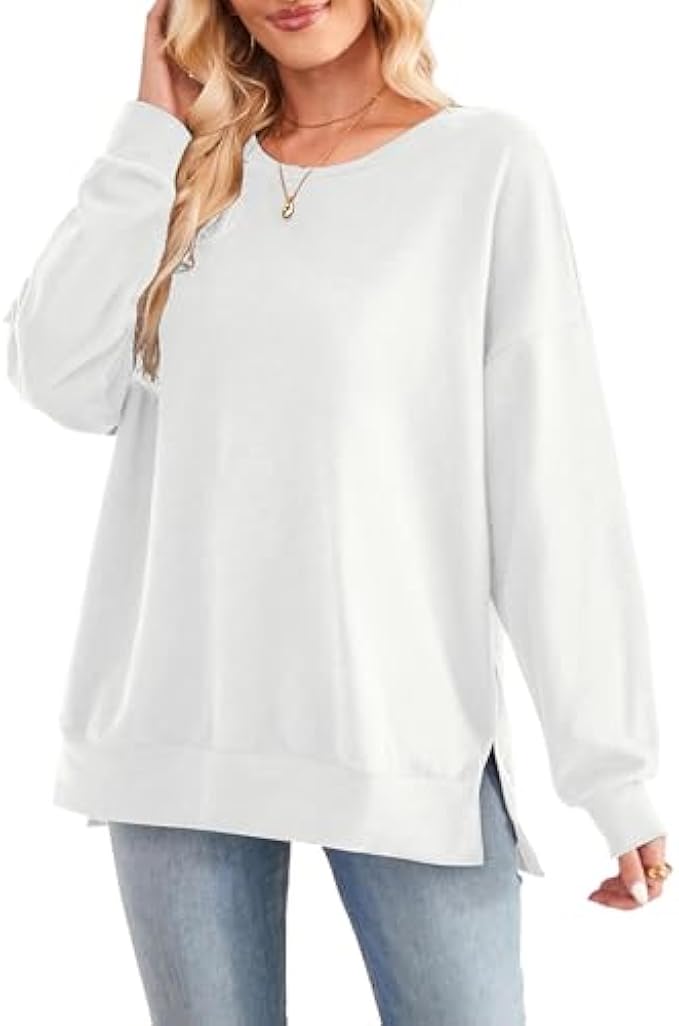 Amoretu Womens Long Sleeve Tops Oversized Sweatshirts Round Neck Shirt Side Slit Trendy Pullover Fall Winter 2024