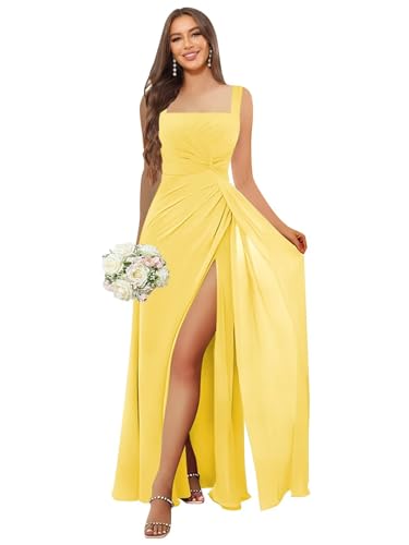 Image of HANVAIOS Square Neck Bridesmaid Dresses Long Chiffon Formal Maxi Dress with Slit