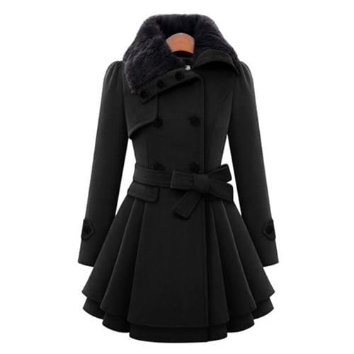 Maiyifu-GJ Womens Lapel Faux Fur Collar Wool Blend Trench Coat Vintage Double Breasted Long Jacket Casual Coat with Belt3