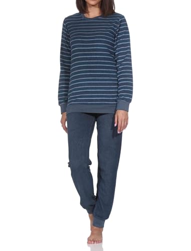 Normann Damen Frottee Schlafanzug mit Bündchen in edler Streifenoptik - auch in Übergröße, Farbe:Navy, Größe:44-46