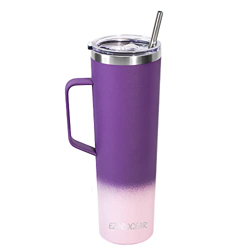 Ezprogear Taza de café de acero inoxidable de 34 onzas con asa de doble pared aislada para viajes (uva/clavel)