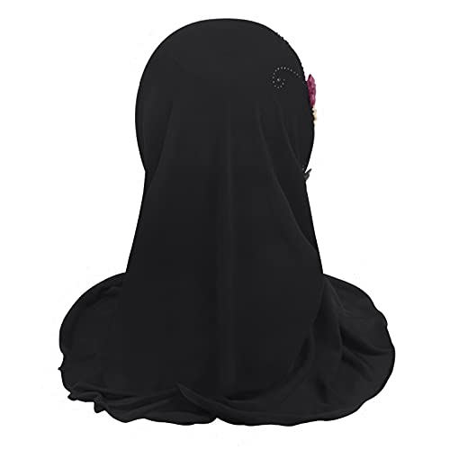 Girls Muslim Hijab Floral Lace Head Scarf Islamic Arab Scarf Shawls Head Wrap with Flowers Rhinestones for Girls3