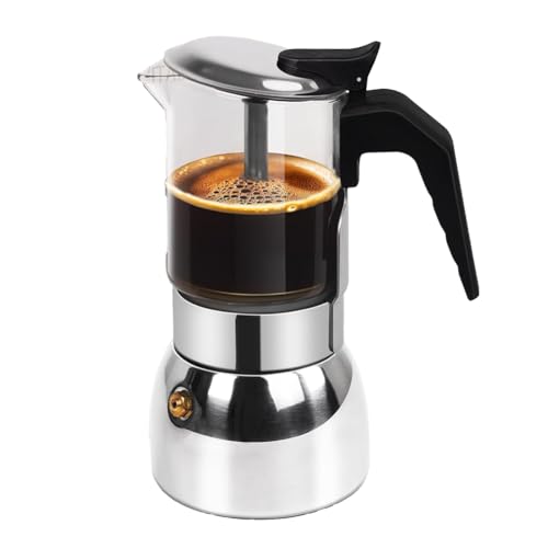 Awwertse Cafetera de Acero Inoxidable 304 de 4 Tazas, de Vidrio Transparente, para Moka, de 200 Ml (6,8 Oz)