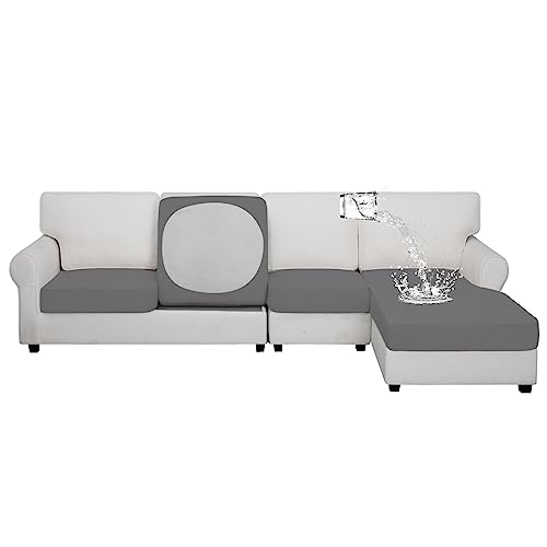 Easy-Going 100% Waterproof 4 Pieces Couch Cushion Covers for Sectional Sofa Left/Right L Shape Chaise Lounge Sofa Seat slipcover Anti-Slip Sofa Cover (3 Seater + 1 Chaise, Light Gray