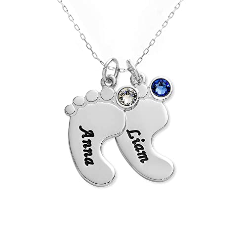 Myka - Personalized Engraved Baby Feet Charms Name Necklace With Crystals/Diamond - Up To 5 Charms & Engravings - Custom Inscriptions - Jewelry For New Mom, Her, Women For Mother’s Day, Birthday, Christmas - 925 Sterling Silver, Gold & Rose Gold Plating, Vermeil #TOP4