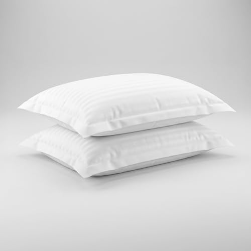 Image of LINENWALAS Cotton 300 TC Double Standard Size Pillow Cover | 2 cm Sateen Stripe Design | Cloud-Soft, Breathable & Skin-Safe | Oeko-TEX Certified Hotel-Style Bedding (20x30 inch, Set of 2, White)