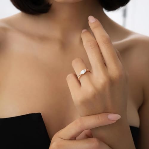 1 Ct Marquise Cut Diamond Delicate Half Bezel Set East-West Solitaire Engagement Ring For Women 14k Yellow Gold Plated Minimalist Mother's Ring 925 Sterling Silver Handmade Anniversary Ring2