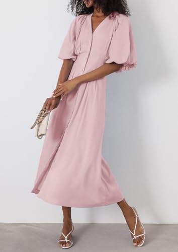 Image of chouyatou Women Summer Puff Sleeve Button Down Shirt Dress Flowy Elegant Business Casual Midi Long Dress