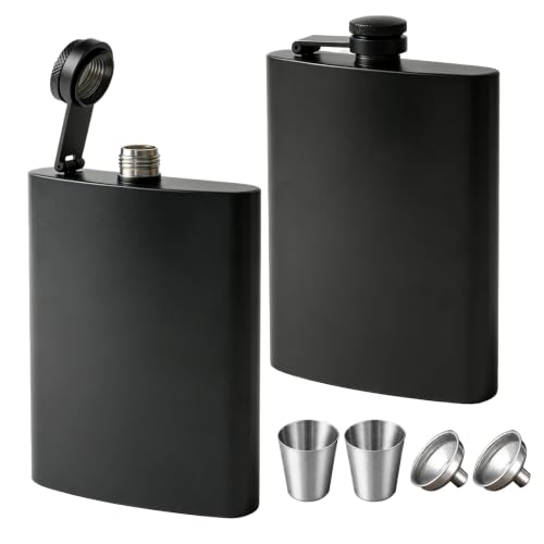 TQIOQIY Stainless Steel Hip Flask 8oz Black - Metal Flask for Whiskey Liquor Small Pocket Flask with Funnel & Cup Mini Flask for Men Women Travel Camping Gifts (2 Pack)