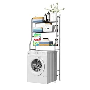MAGIC SELECT Wasmachinerek van roestvrij staal, ruimtebesparend, met 3 planken, waterdicht rek, in hoogte verstelbare poten.