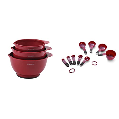 KitchenAid Classic Mixing Bowls, Set of 3, Empire Red & Classic Measuring Cups And Spoons Set, Set of 9, Red/Black