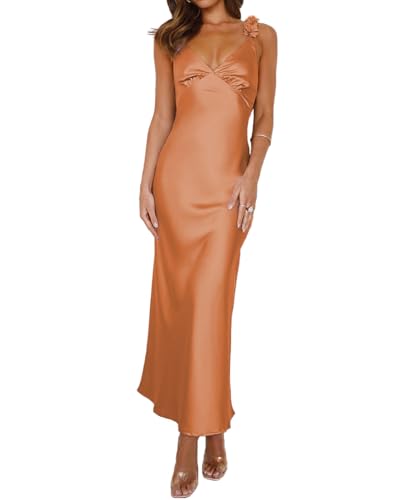 Image of Phicia Summer Satin Spaghetti Strap V Neck Midi Dresses for Women Wedding Guest Elegant Flower Backless Cocktail Formal Dress