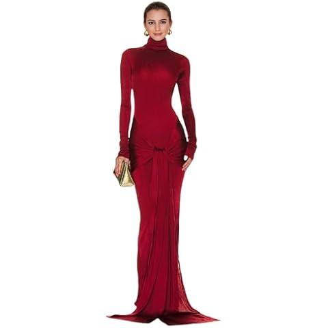 JUMISEE Women's Sexy High Neck Long Sleeve Maxi Dress Elegant Tie Waist Bodycon Long Dress Cocktail Party Dress Red Cover