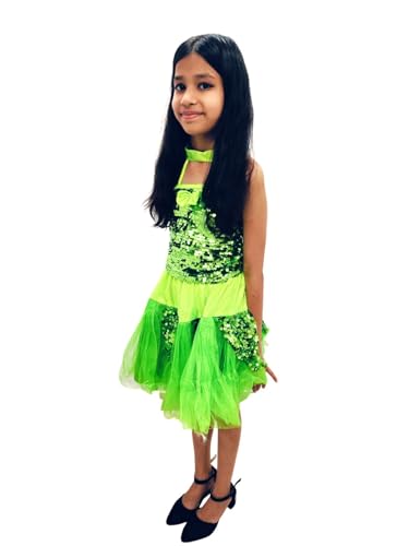 Image of BookMyCostume Light Green Annual Day Dance Dress for Girls | Sleeveless Sequin Top with Fluffy Skirt | Net & Nylon Western Dance Costume for Kids | Stylish for Stage Shows & Performances |8-10 Years