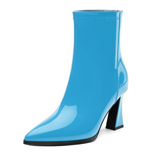 Womens Boots, Pointed Toe High Heel Ankle Boots for Women, Back Side Zipper Ankle Booties, Fashion Solid Faux Patent Short Boot for Women - Main Image