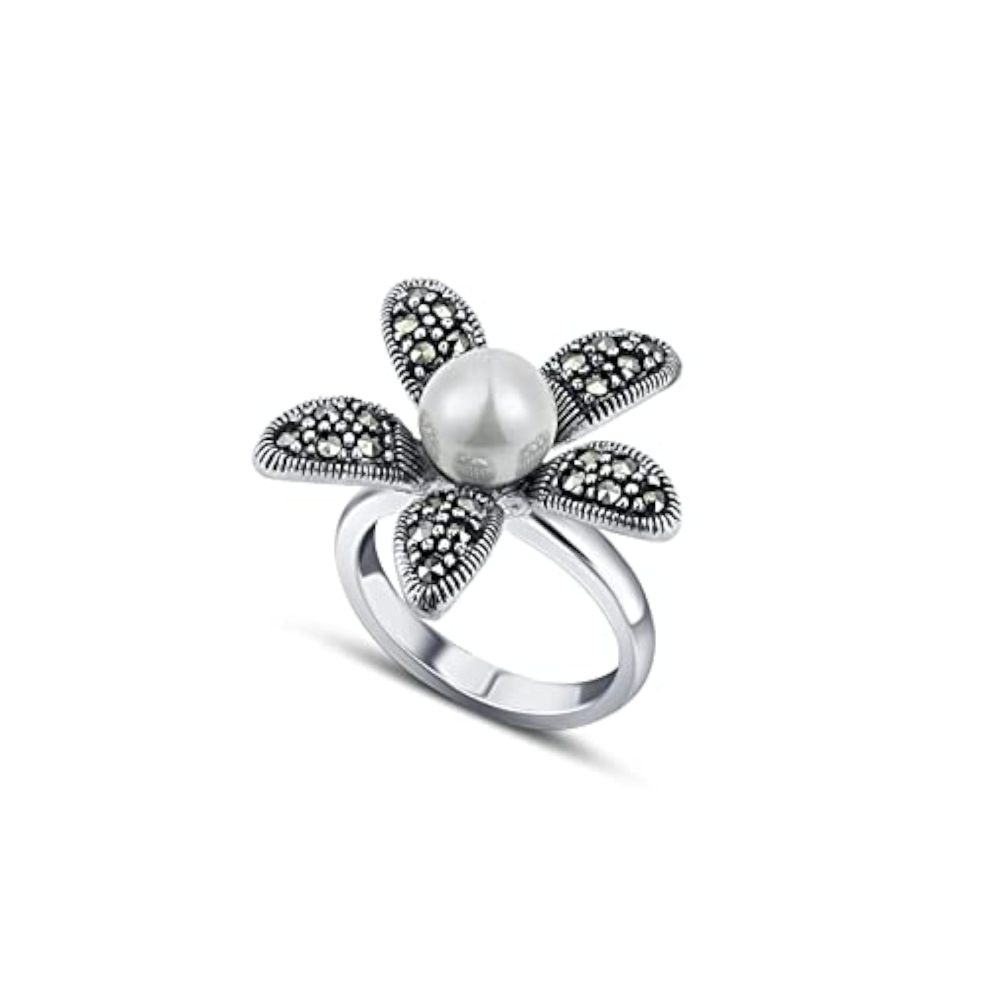 Women's Oxidised Silver Pearly Flower Adjustable Ring