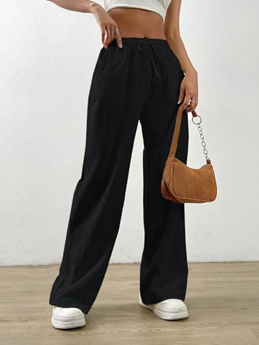 Image of TOPLOT Women's Linen Blend Wide Leg Palazzo Pants | Elastic Drawstring Waist Trousers for Woman | Relaxed Fit Casual Lounge Trousers | Breathable Straight Leg Everyday Bottom Wear (5268)