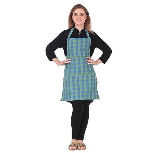 Image of GLUN Waterproof Unisex Green Checkered Kitchen Apron with Center Pocket and Adjustable Neck Belt with Metal Buckle