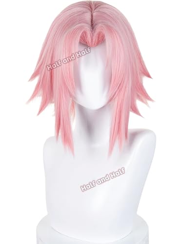Image of Half and Half Short Pink Anime Cosplay Wig Light Pink Fluffy Spiky Layered Wigs with Widow's Peak for Women Halloween Party Daily