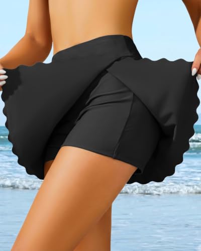 Image of Women Swim Skirt Tummy Control Swimsuit Skirt with Built-in Shorts High Waisted Split Swim Bottom (Available in Plus)